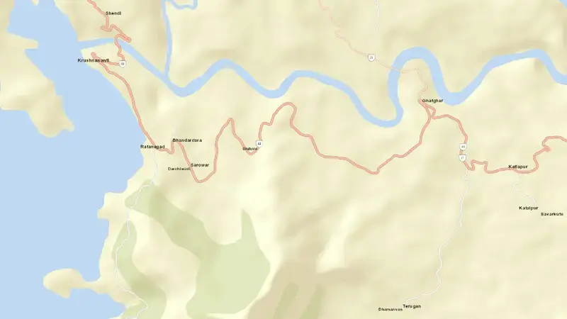 Road map of Bhandardara Dam reservoir, Maharashtra, India