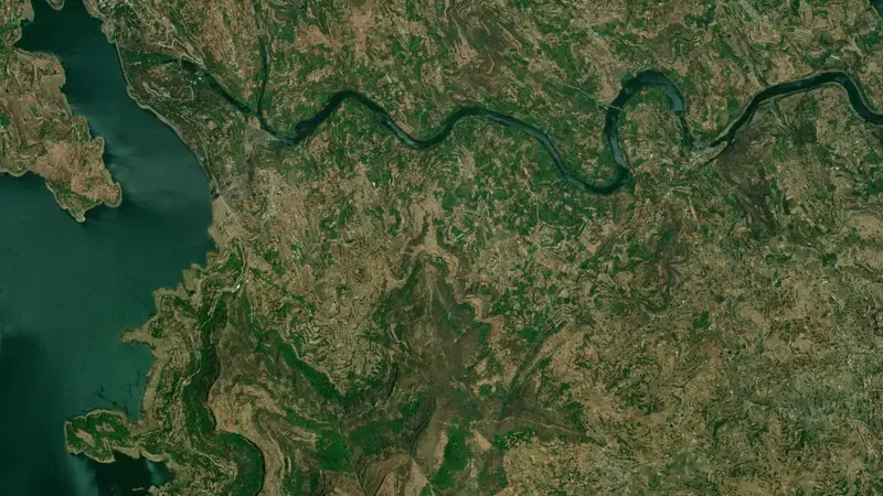 Satellite view of Bhandardara Dam reservoir, Maharashtra, India