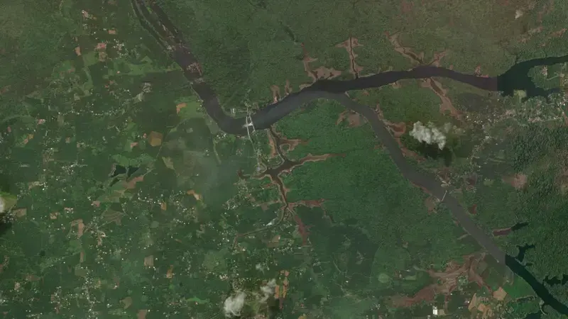 Satellite view of Bhoothathankettu (Barrage) reservoir, Kerala, India