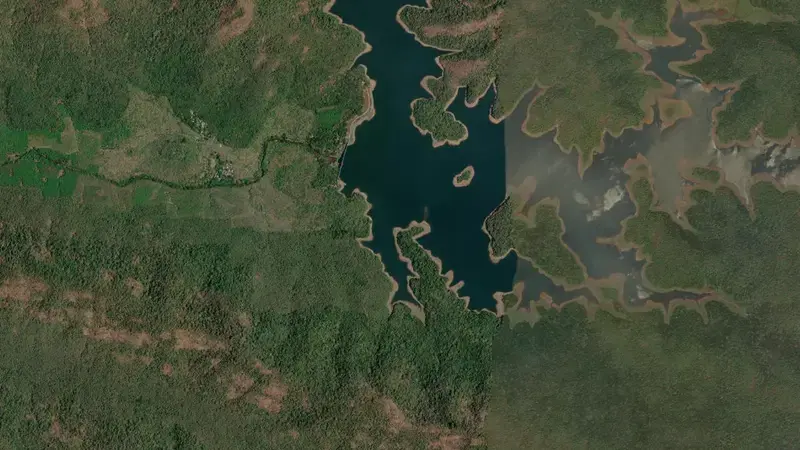 Satellite view of Chimoni reservoir, Kerala, India