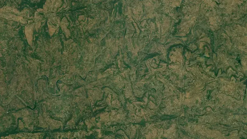 Satellite view of Damanganga Dam reservoir, Gujarat, India
