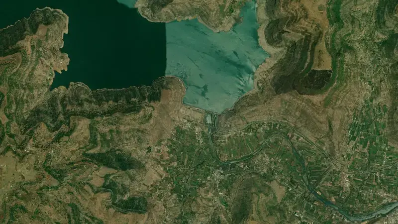 Satellite view of Dimbhe Dam reservoir, Gujarat, India