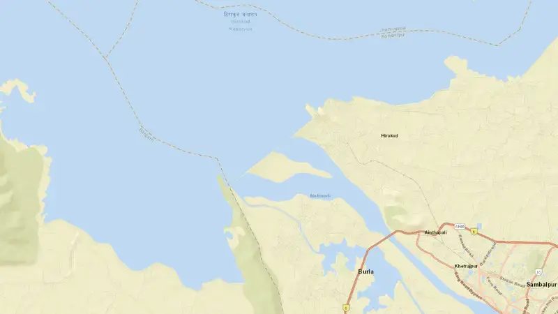 Road map of Hirakud Dam reservoir, Odisha, India