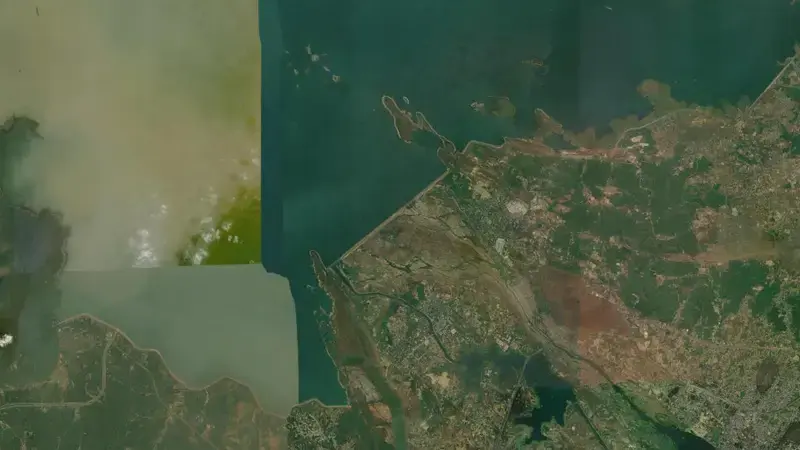 Satellite view of Hirakud Dam reservoir, Odisha, India