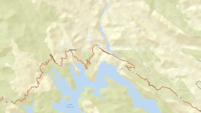 Road map of Idukki Dam reservoir, Kerala, India