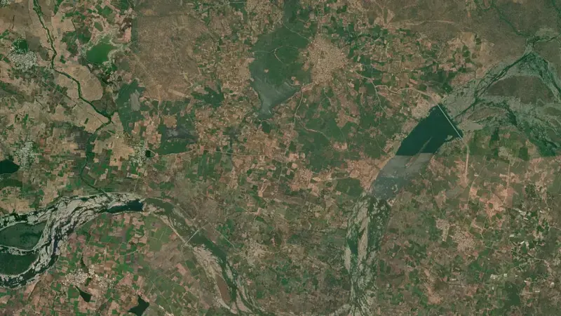 Satellite view of Kaddam Project Dam reservoir, Telangana, India
