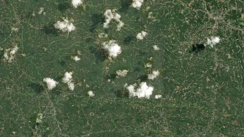 Satellite view of Kallada Dam reservoir, Kerala, India