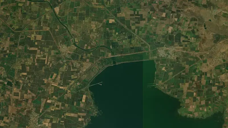 Satellite view of Karanja Dam reservoir, Karnataka, India