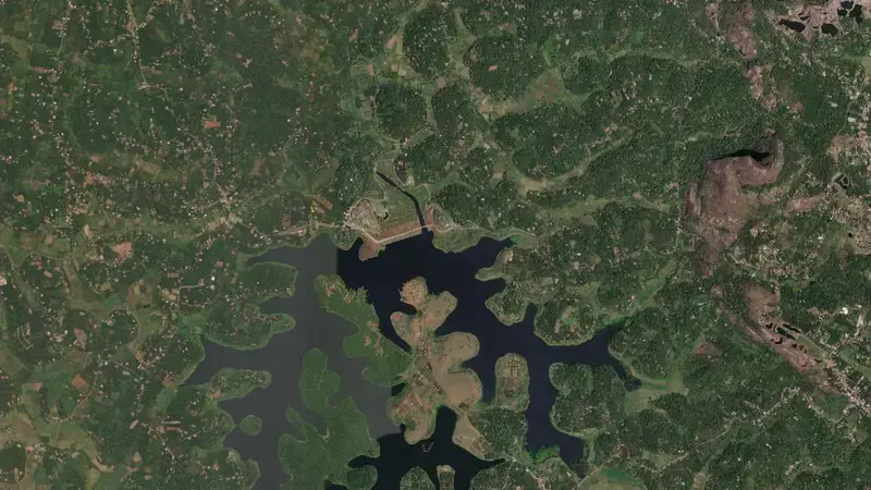 Satellite view of Karapuzha reservoir, Kerala, India