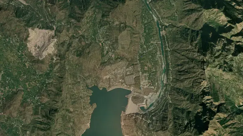 Satellite view of Kol Dam reservoir, Himachal Pradesh, India