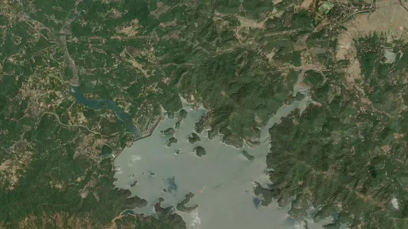Satellite view of Linganamakki Dam reservoir, Karnataka, India