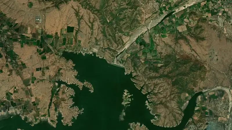Satellite view of Machhu Dam I reservoir, Gujarat, India
