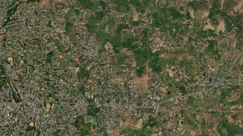 Satellite view of Malampuzha Dam reservoir, Kerala, India