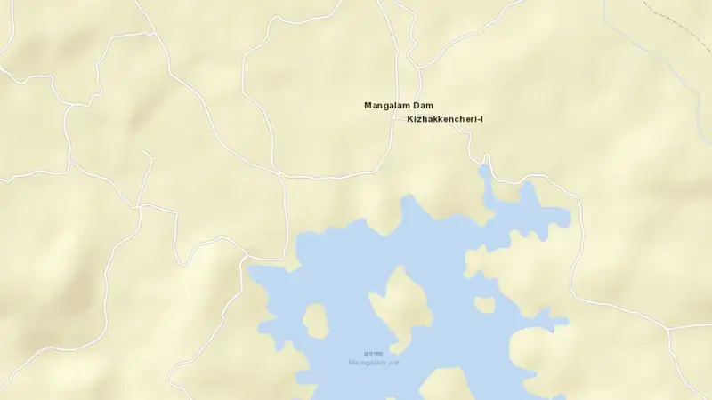 Road map of Mangalam reservoir, Kerala, India