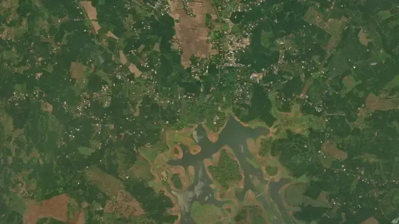 Satellite view of Mangalam reservoir, Kerala, India