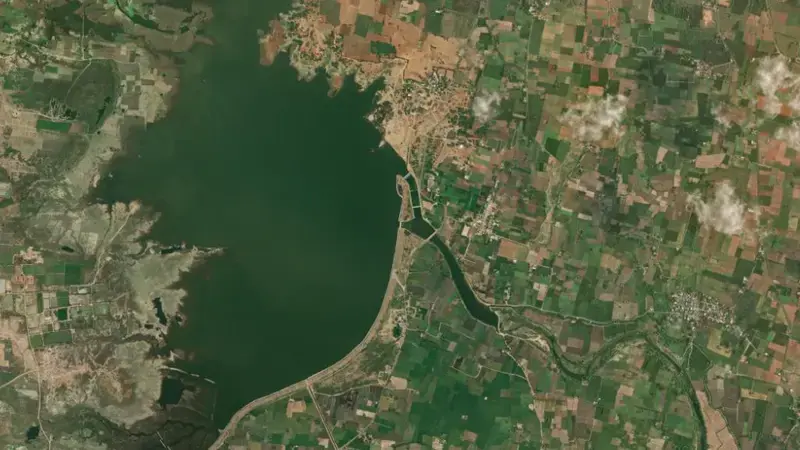 Satellite view of Manimukthanadhi reservoir, Tamil Nadu, India