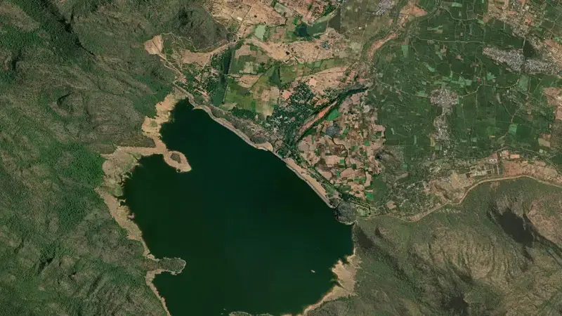Satellite view of Manimuthar reservoir, Tamil Nadu, India