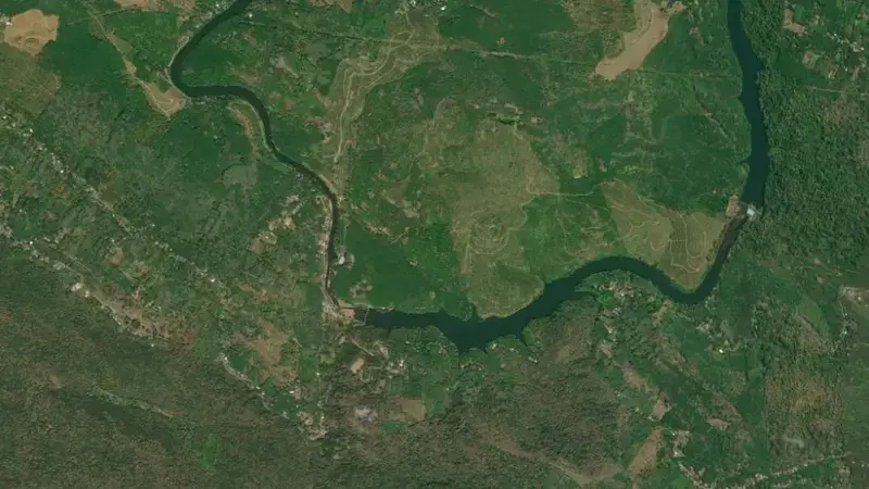 Satellite view of Maniyar (Barrage) reservoir, Kerala, India