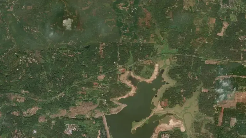 Satellite view of Meenkara reservoir, Kerala, India