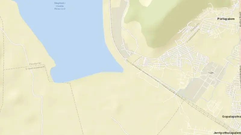 Road map of Mehadrigadd Reservoir reservoir, Andhra Pradesh, India