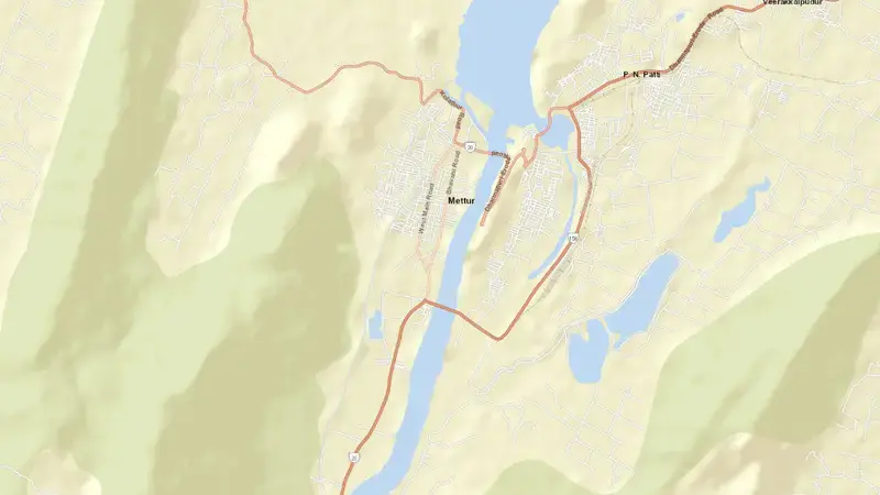 Road map of Mettur Dam / Stanley Reservoir reservoir, Tamil Nadu, India