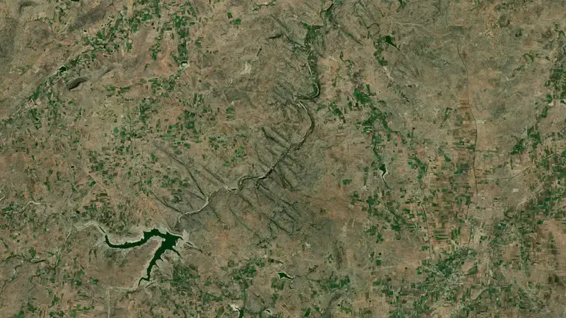 Satellite view of Mula Dam reservoir, Maharashtra, India