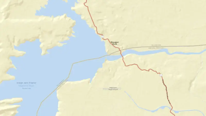 Road map of Nagarjuna Sagar Dam reservoir, Telangana, India