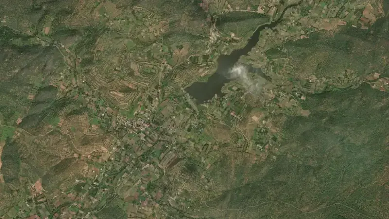 Satellite view of Nagavathi reservoir, Tamil Nadu, India