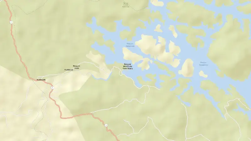 Road map of Neyyar reservoir, Kerala, India