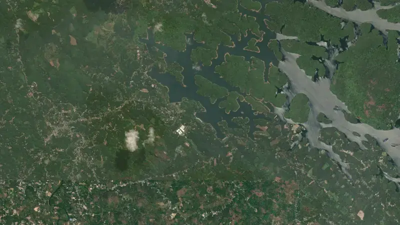 Satellite view of Neyyar reservoir, Kerala, India