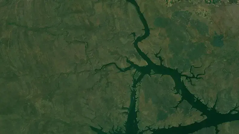 Satellite view of Omkareshwar Dam reservoir, Madhya Pradesh, India
