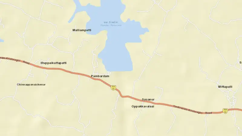 Road map of Pambar reservoir, Tamil Nadu, India