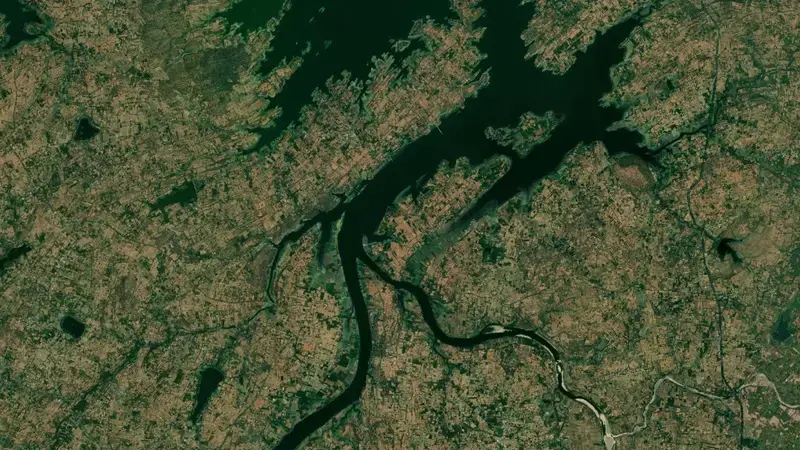 Satellite view of Panam Dam reservoir, Gujarat, India