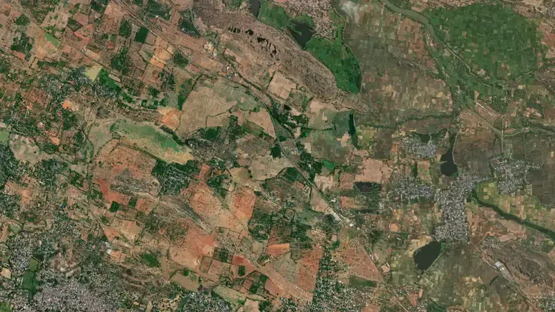Satellite view of Papanasam Dam reservoir, Tamil Nadu, India