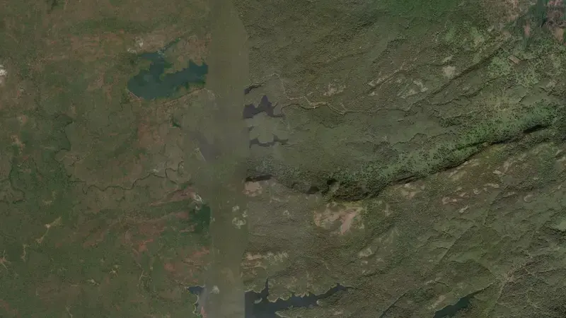 Satellite view of Parambikulam Dam reservoir, Kerala, India