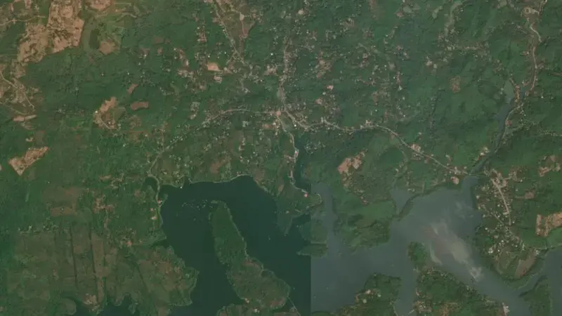 Satellite view of Pazhassi (Barrage) reservoir, Kerala, India
