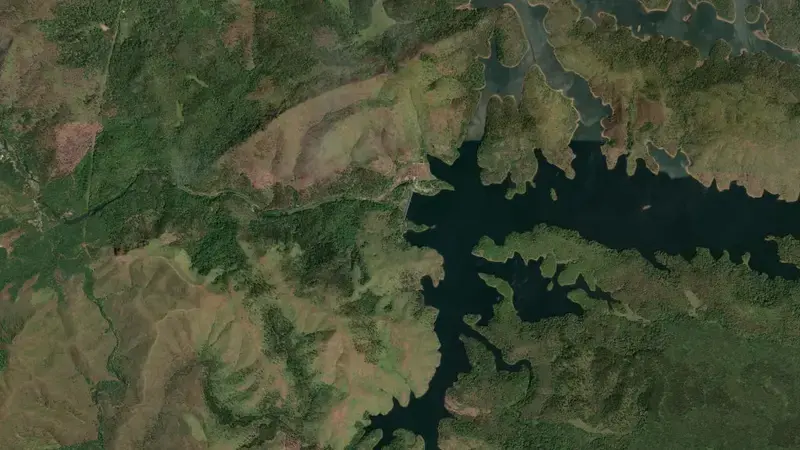 Satellite view of Periyar reservoir, Andhra Pradesh, India