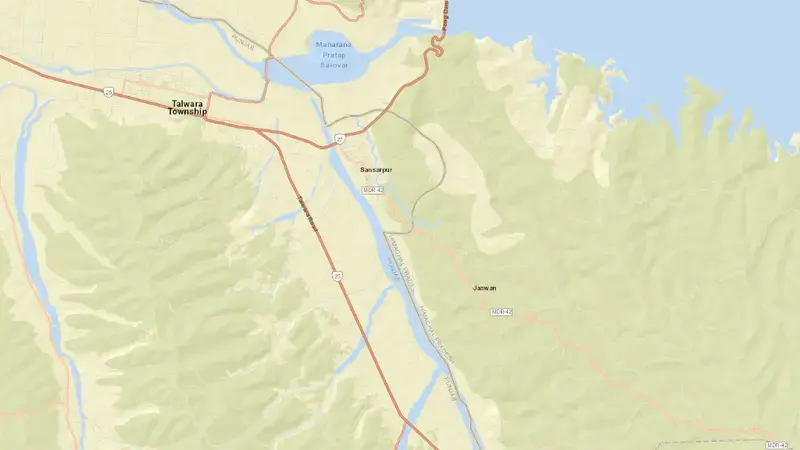 Road map of Pong Dam / Maharana Pratap Sagar reservoir, Himachal Pradesh, India