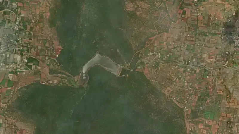 Satellite view of Ponnaiyar reservoir, Tamil Nadu, India