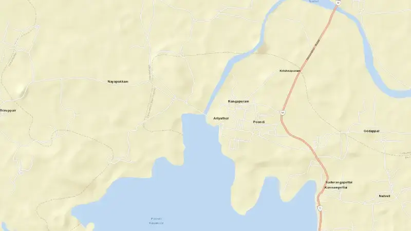 Road map of Poondi reservoir, Tamil Nadu, India