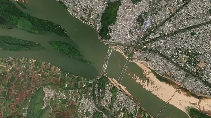 Satellite view of Prakasam Barrage reservoir, Andhra Pradesh, India
