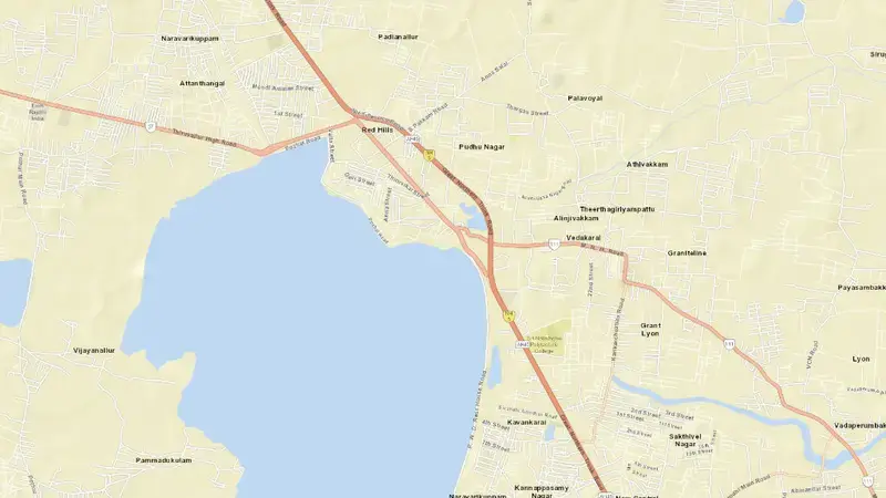 Road map of Redhills reservoir, Tamil Nadu, India