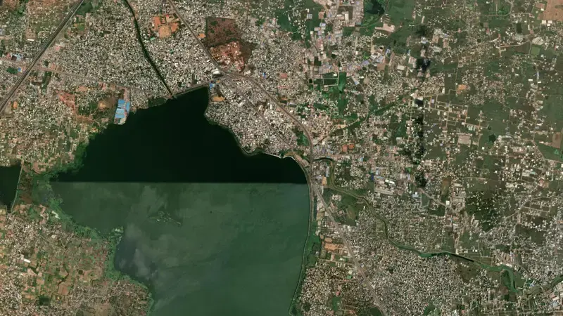 Satellite view of Redhills reservoir, Tamil Nadu, India
