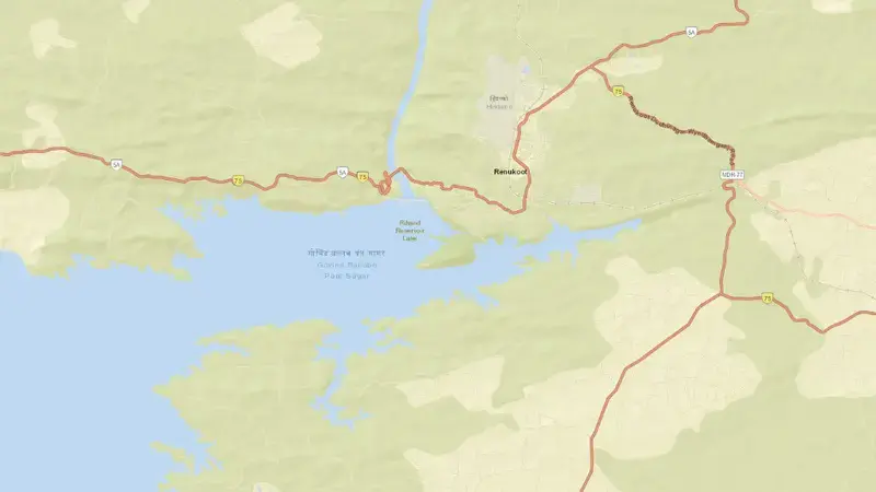 Road map of Rihand Dam reservoir, Uttar Pradesh, India