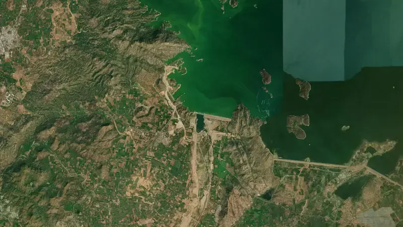 Satellite view of Sabarmati reservoir, IN, India