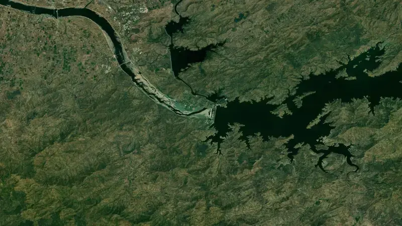 Satellite view of Sardar Sarovar Dam reservoir, Gujarat, India