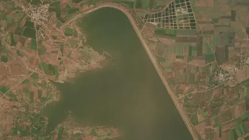 Satellite view of Sarvaraja Sagar reservoir, Andhra Pradesh, India