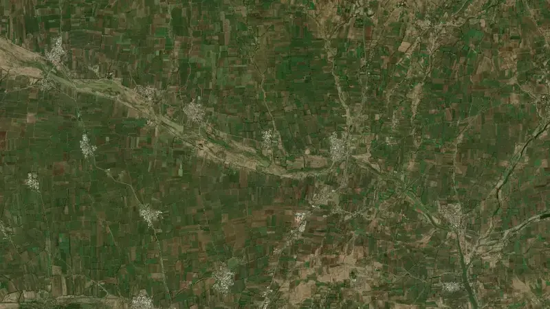 Satellite view of Shetrunji Dam reservoir, Gujarat, India