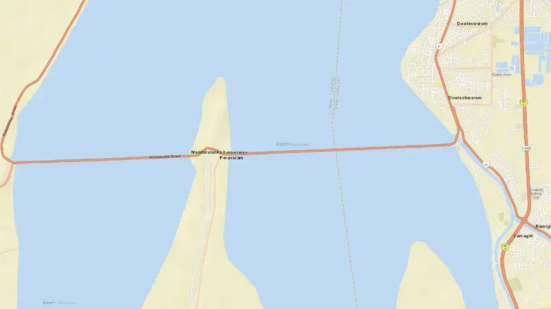 Road map of Sir Aurthur Cotton Barrage reservoir, Andhra Pradesh, India