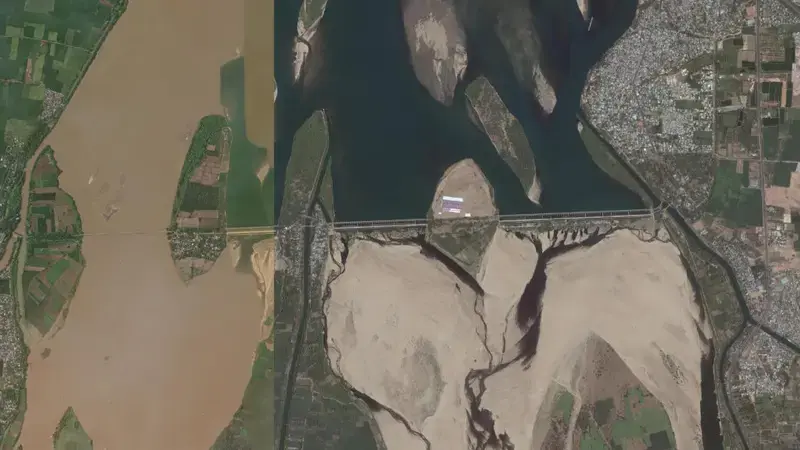 Satellite view of Sir Aurthur Cotton Barrage reservoir, Andhra Pradesh, India